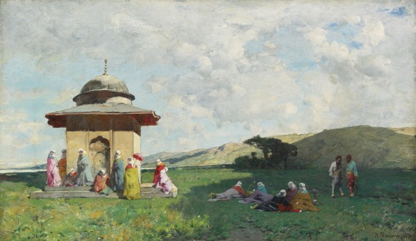 Landscape with people and small mosque by Alberto Pasini